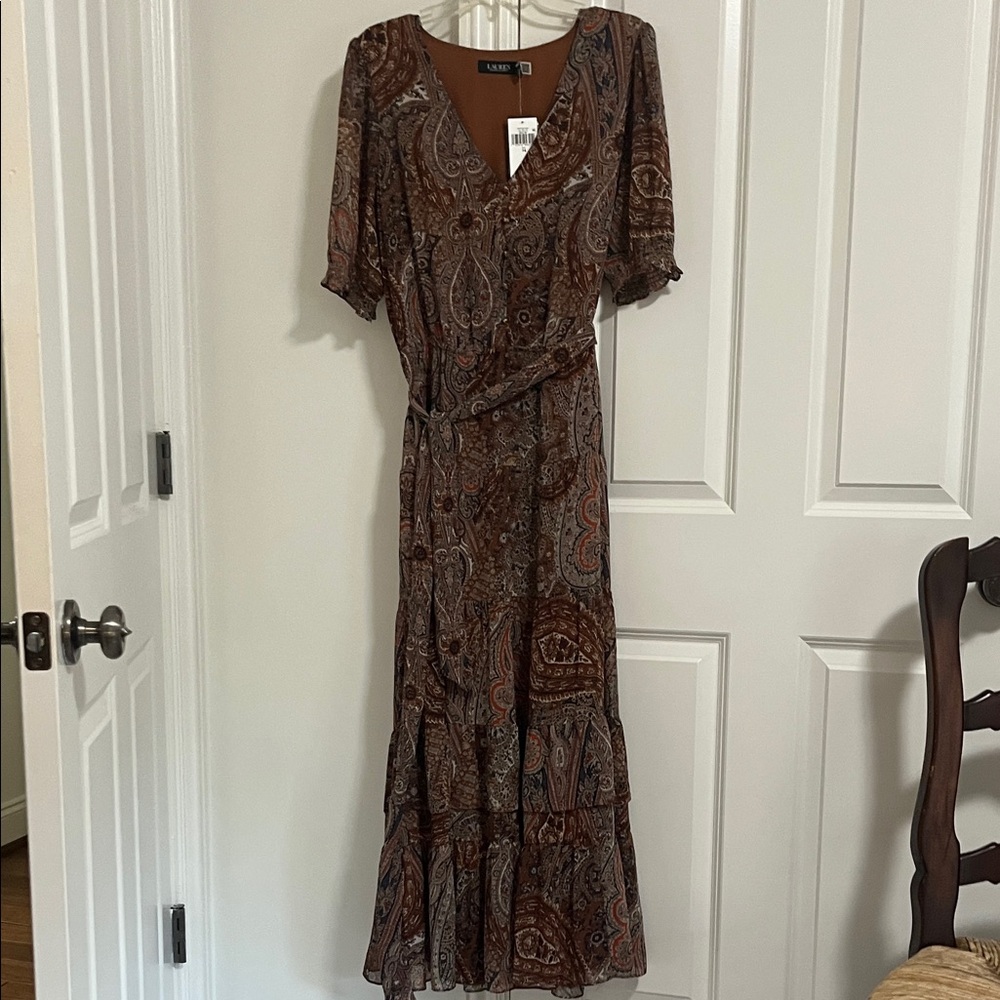 Ralph Lauren Brown Paisley Tiered Wrap-Style Maxi Dress